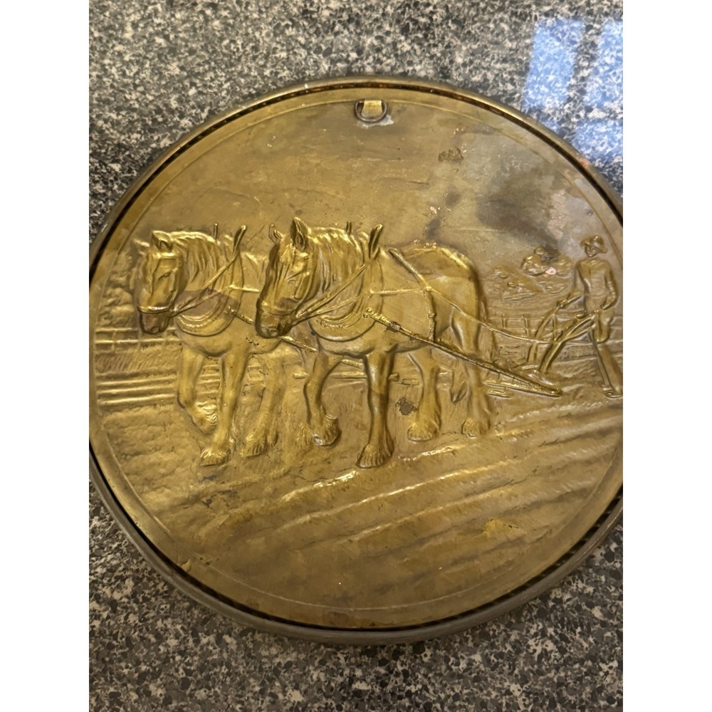 Vintage Embossed Brass Wall Plate Decorative Plate Made in England Horse & Plow - Picture 12 of 16